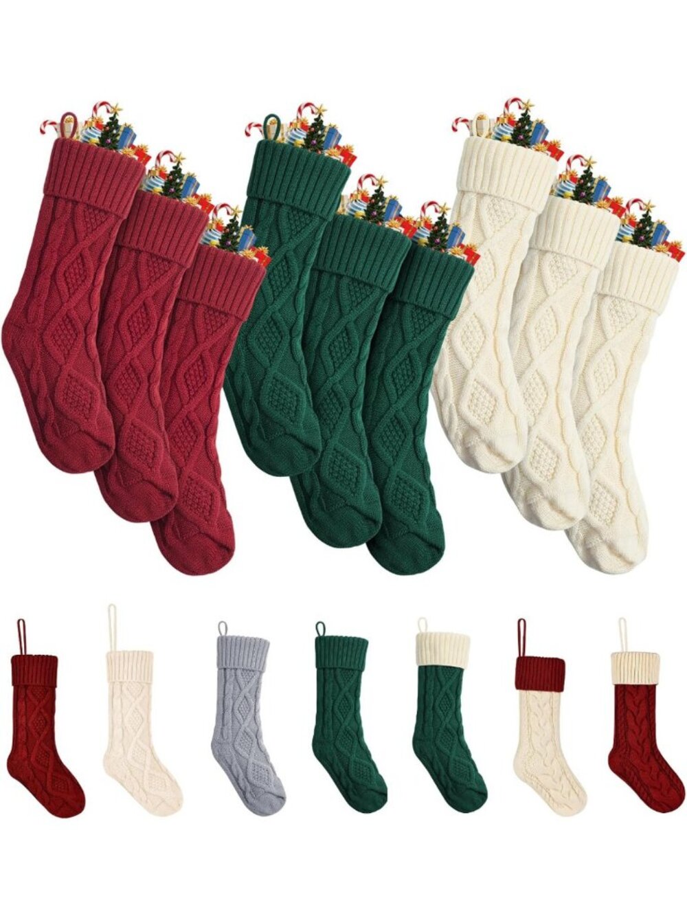 Cozy Cable Knit Christmas Stockings - 18 Inch, Set of 9, White Holiday Decor